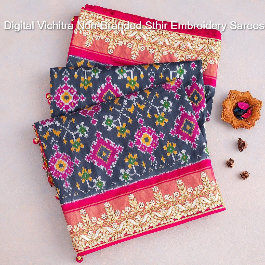 Digital Vichitra Non-Branded Sthir Embroidery Sarees