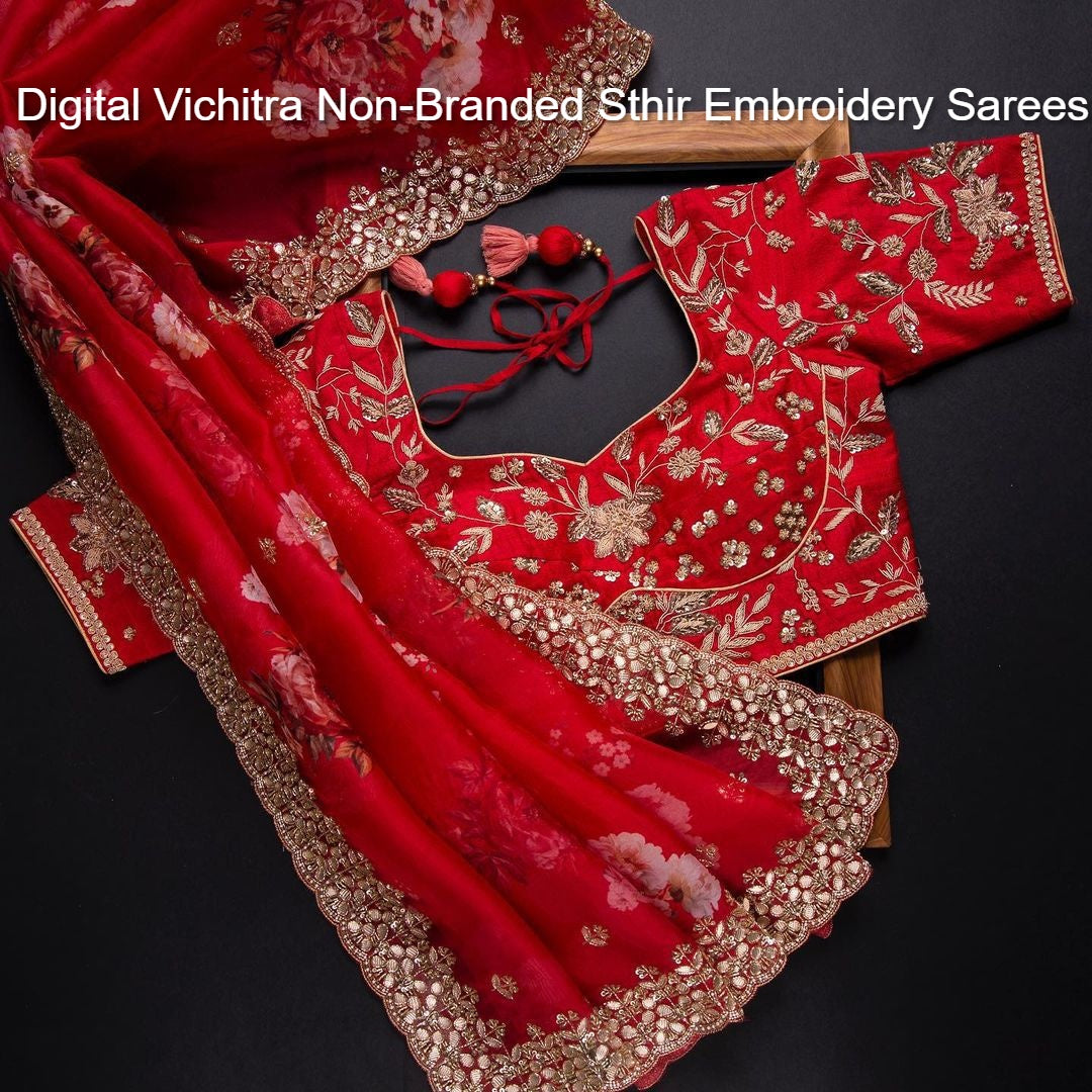Digital Vichitra Non-Branded Sthir Embroidery Sarees