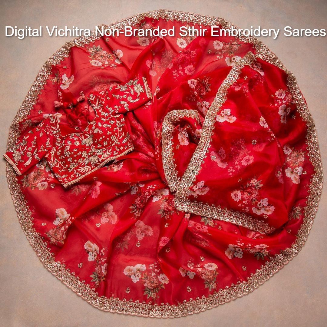 Digital Vichitra Non-Branded Sthir Embroidery Sarees