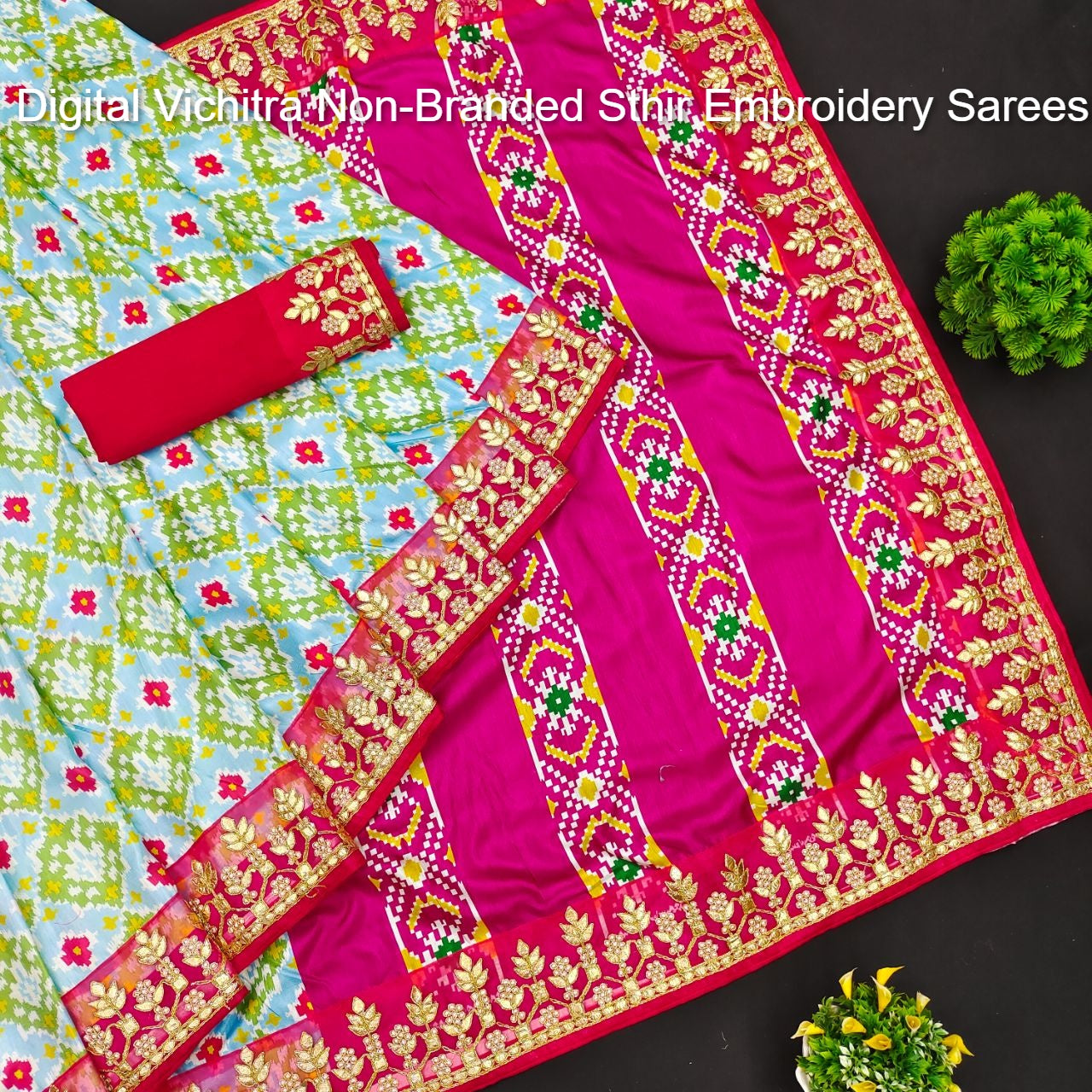 Digital Vichitra Non-Branded Sthir Embroidery Sarees