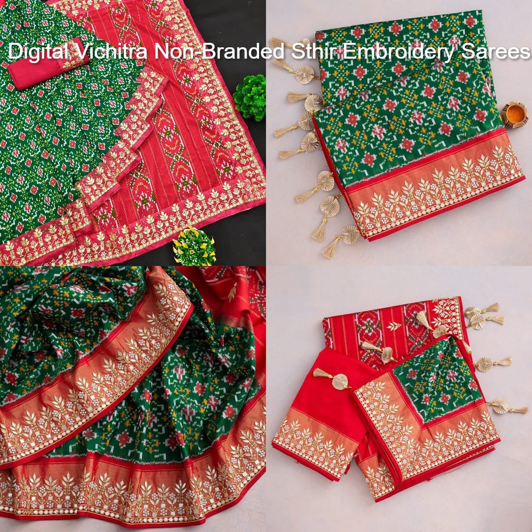 Digital Vichitra Non-Branded Sthir Embroidery Sarees