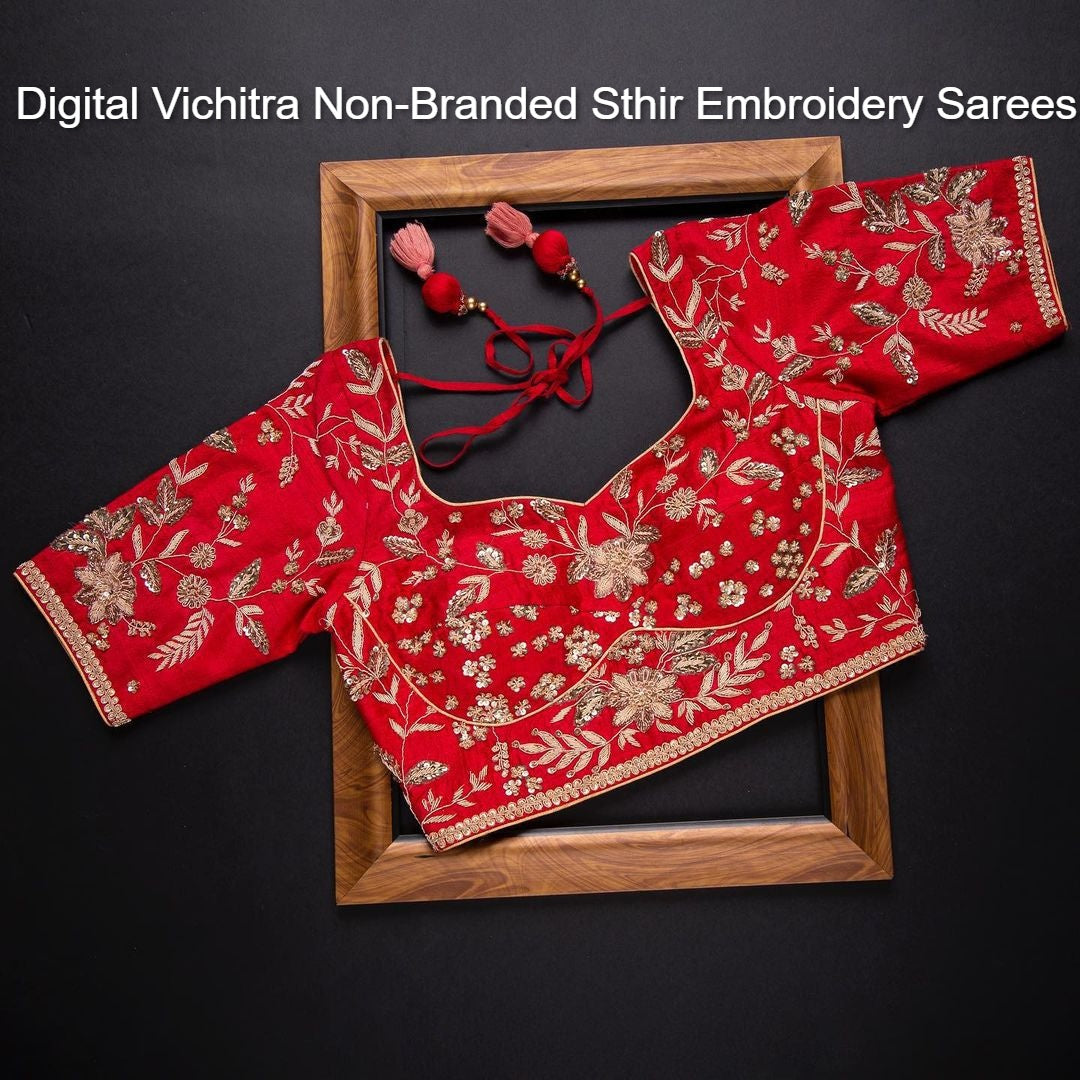Digital Vichitra Non-Branded Sthir Embroidery Sarees