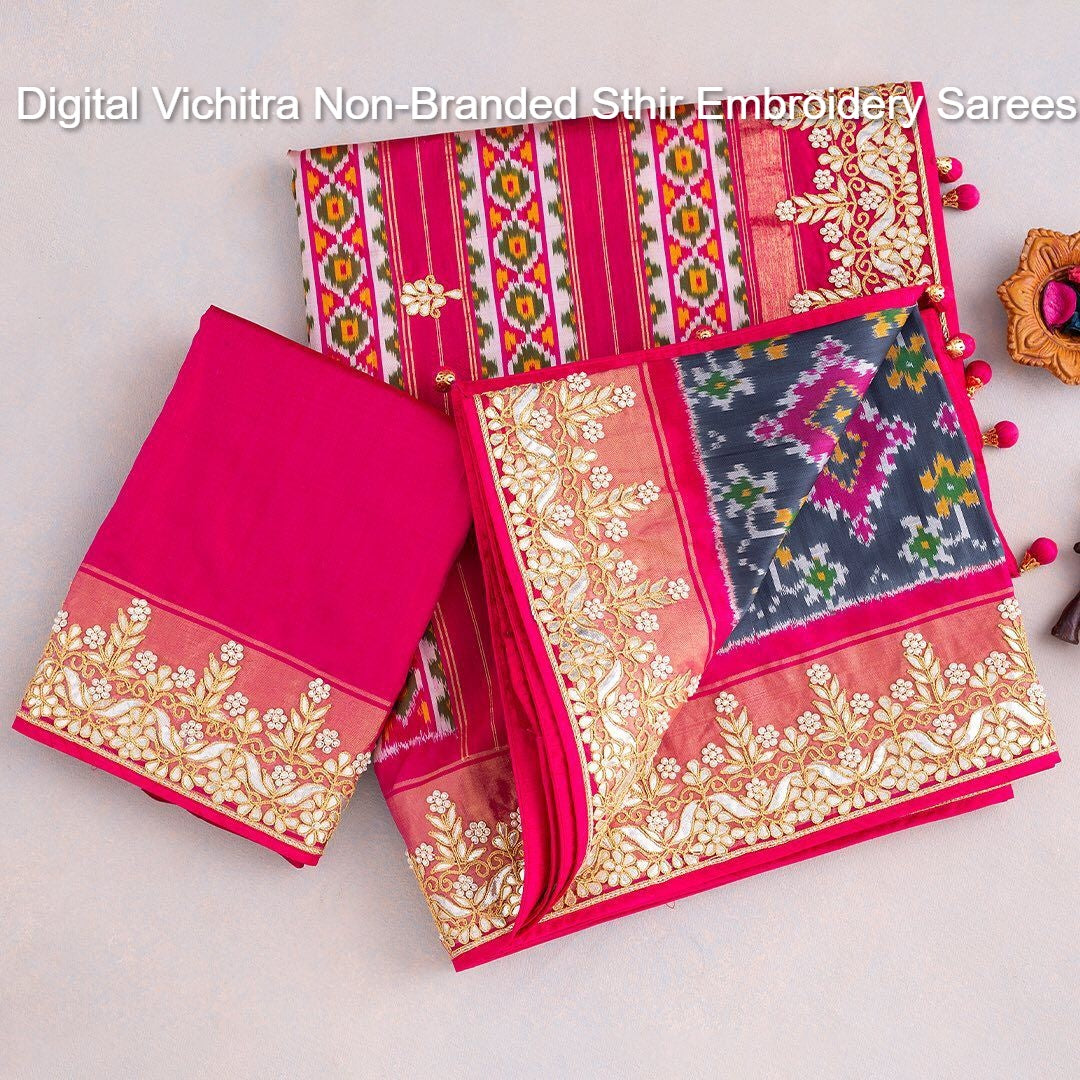 Digital Vichitra Non-Branded Sthir Embroidery Sarees