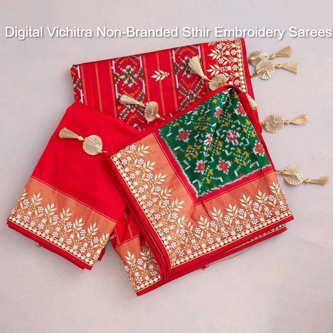 Digital Vichitra Non-Branded Sthir Embroidery Sarees