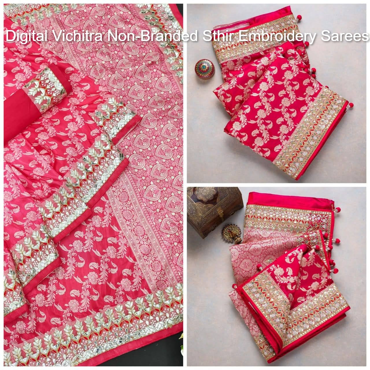 Digital Vichitra Non-Branded Sthir Embroidery Sarees