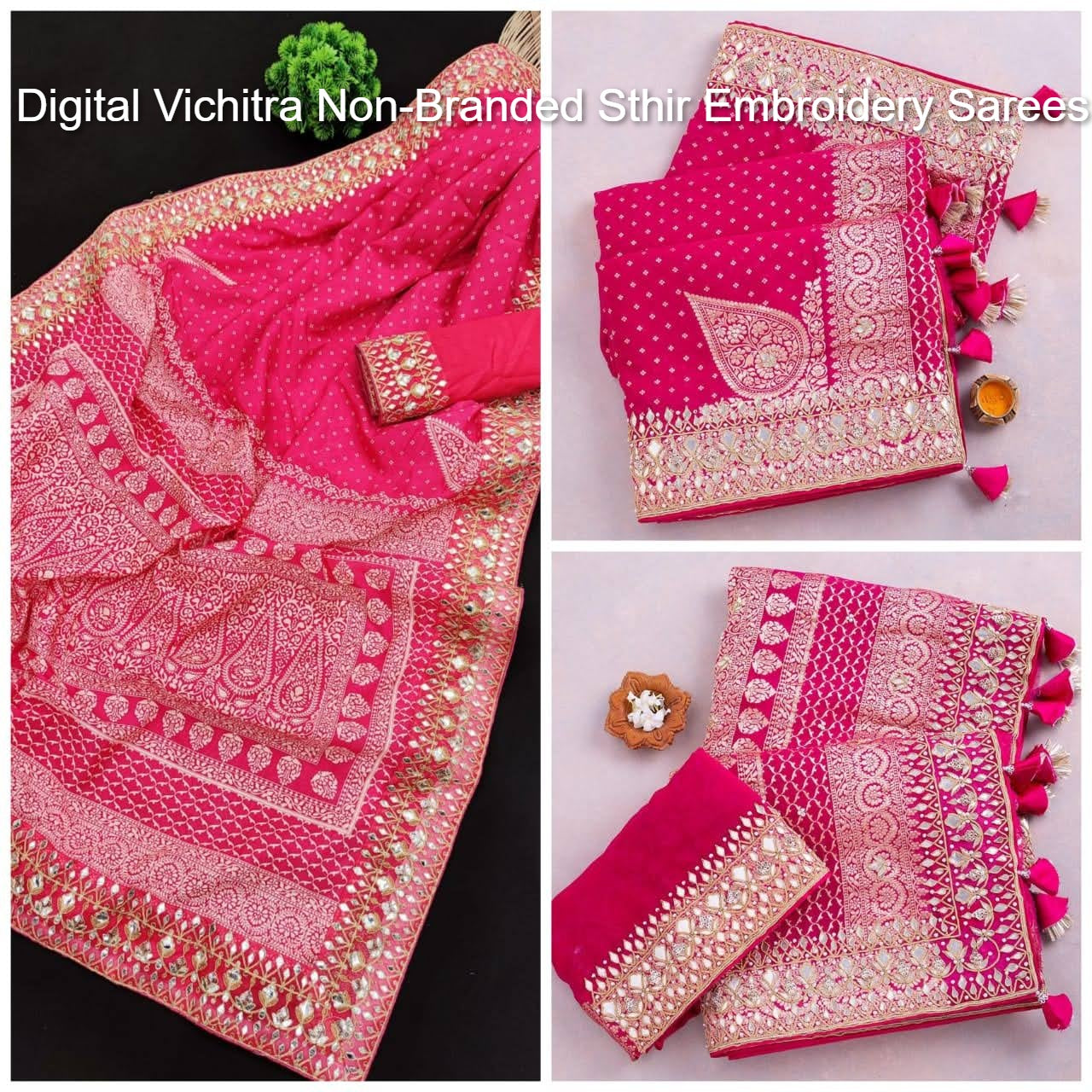 Digital Vichitra Non-Branded Sthir Embroidery Sarees
