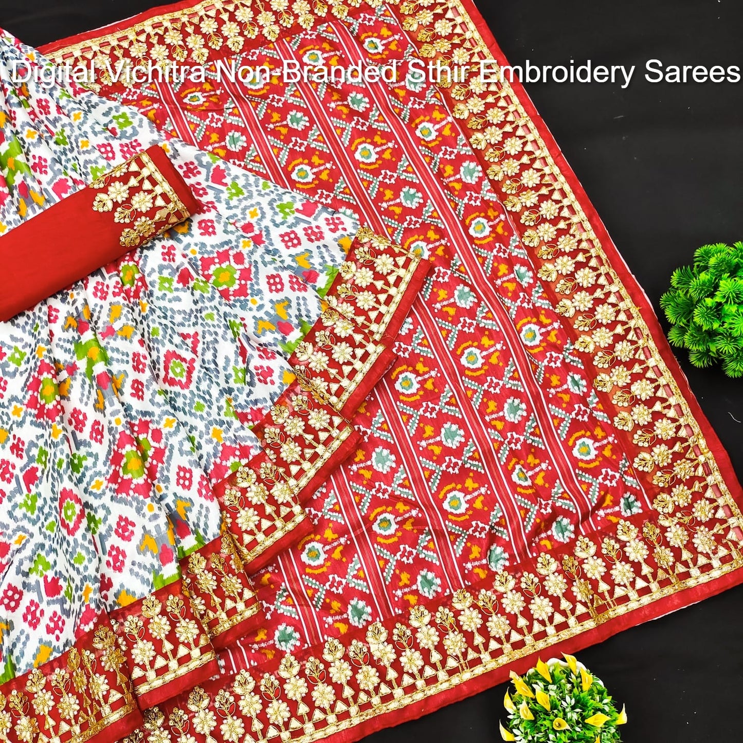 Digital Vichitra Non-Branded Sthir Embroidery Sarees