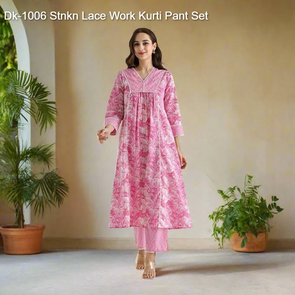 Dk-1006 Stnkn Lace Work Kurti Pant Set