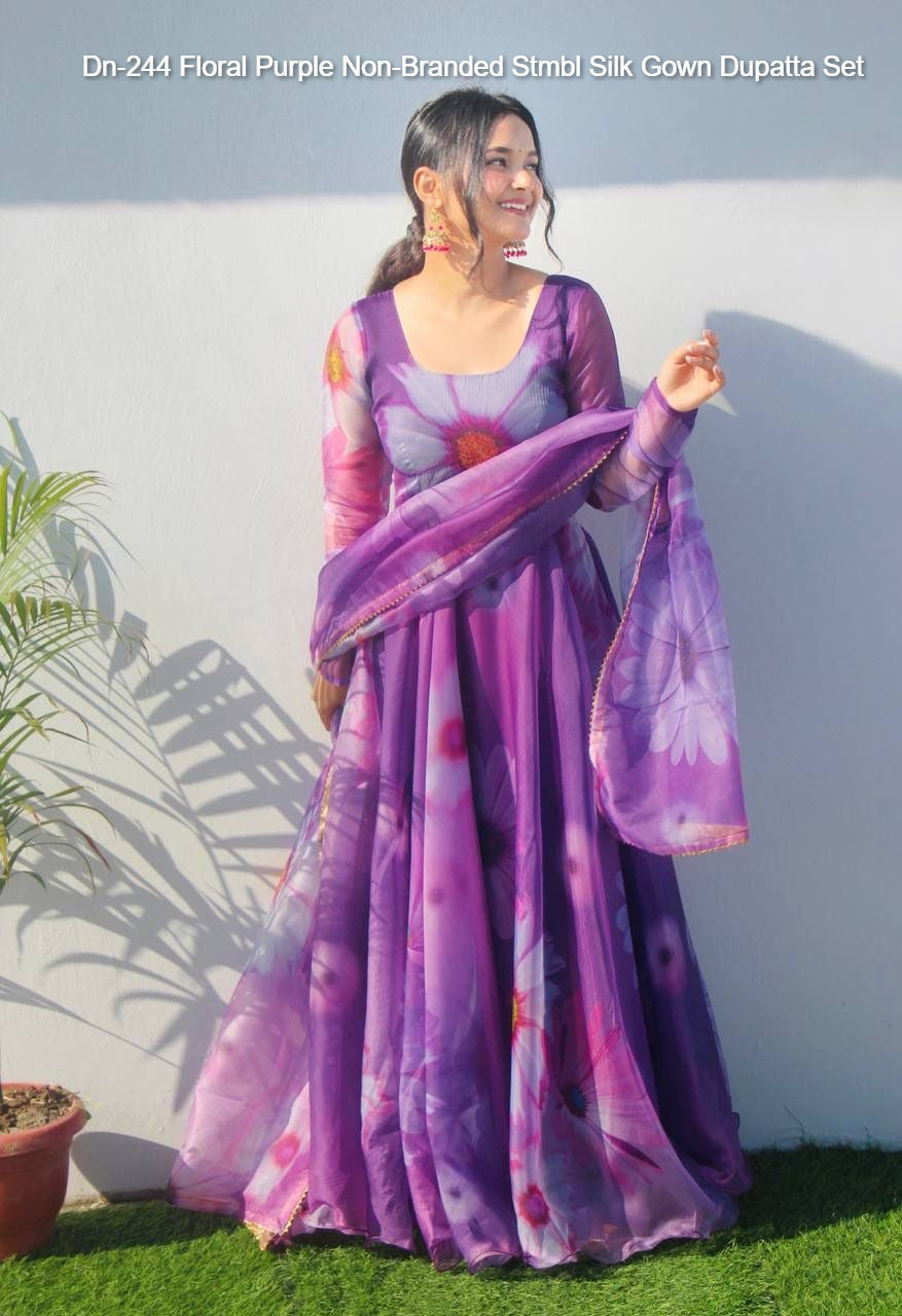 Dn-244 Floral Purple Non-Branded Stmbl Silk Gown Dupatta Set
