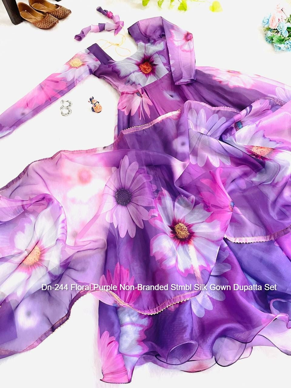 Dn-244 Floral Purple Non-Branded Stmbl Silk Gown Dupatta Set