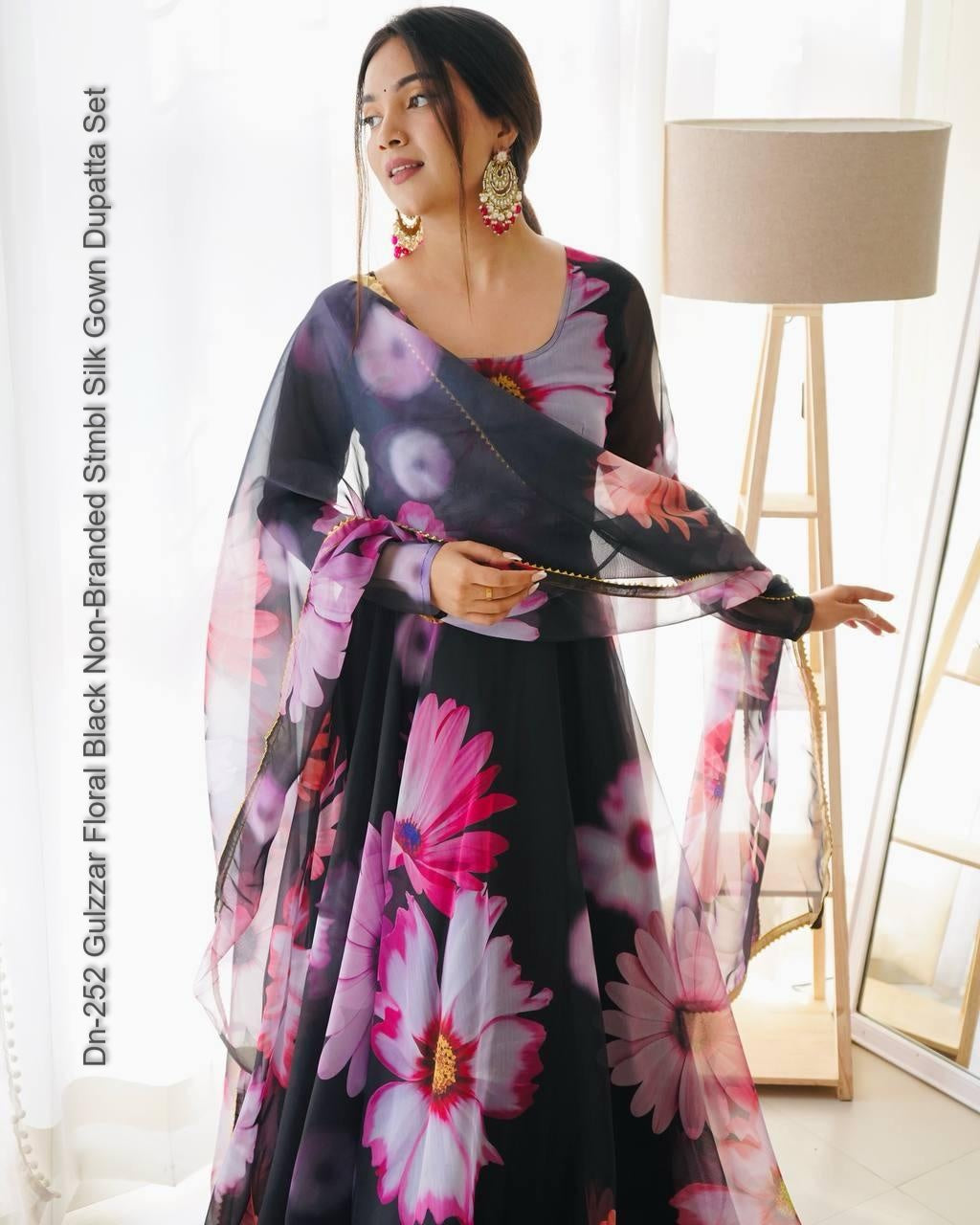 Dn-252 Gulzzar Floral Black Non-Branded Stmbl Silk Gown Dupatta Set