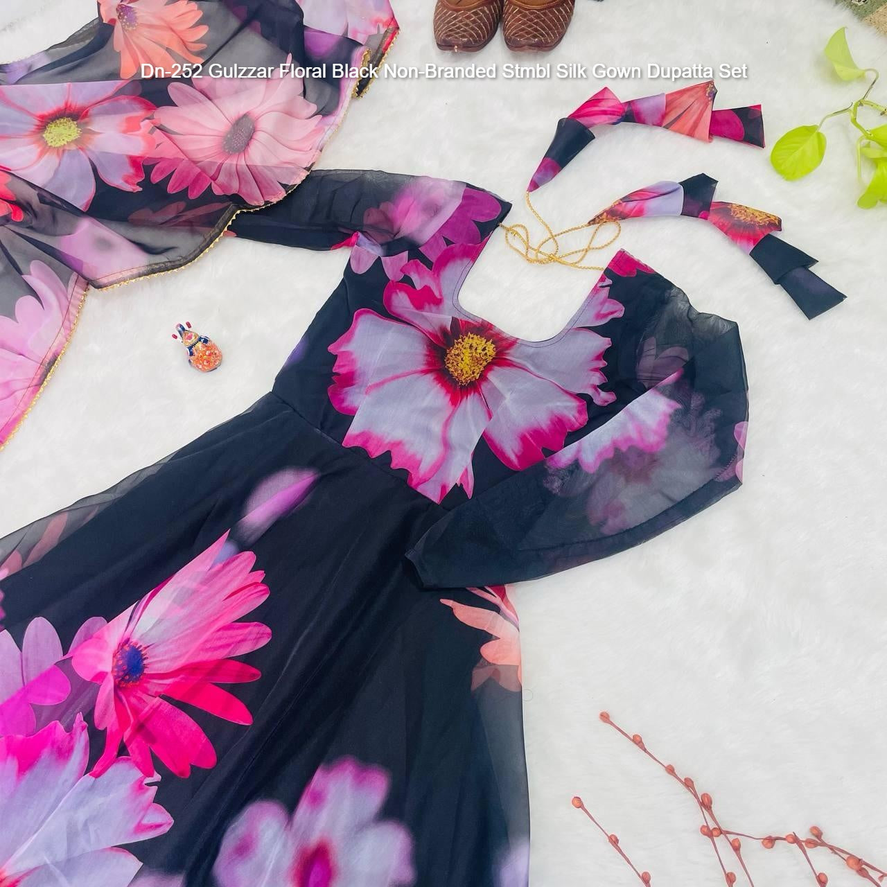 Dn-252 Gulzzar Floral Black Non-Branded Stmbl Silk Gown Dupatta Set