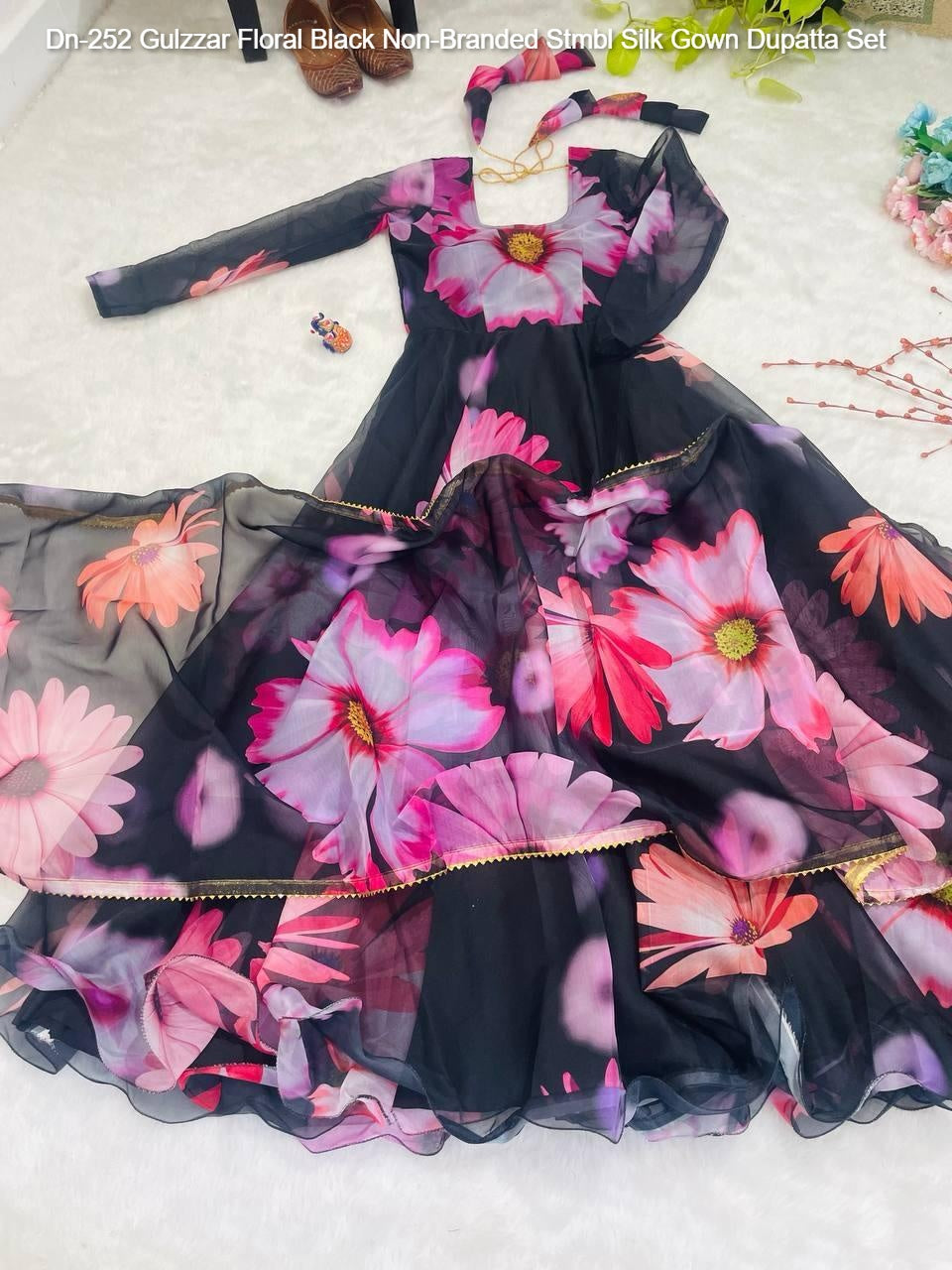 Dn-252 Gulzzar Floral Black Non-Branded Stmbl Silk Gown Dupatta Set