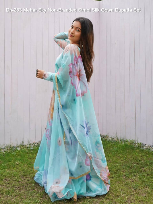 Dn-253 Mehar Sky Non-Branded Stmbl Silk Gown Dupatta Set