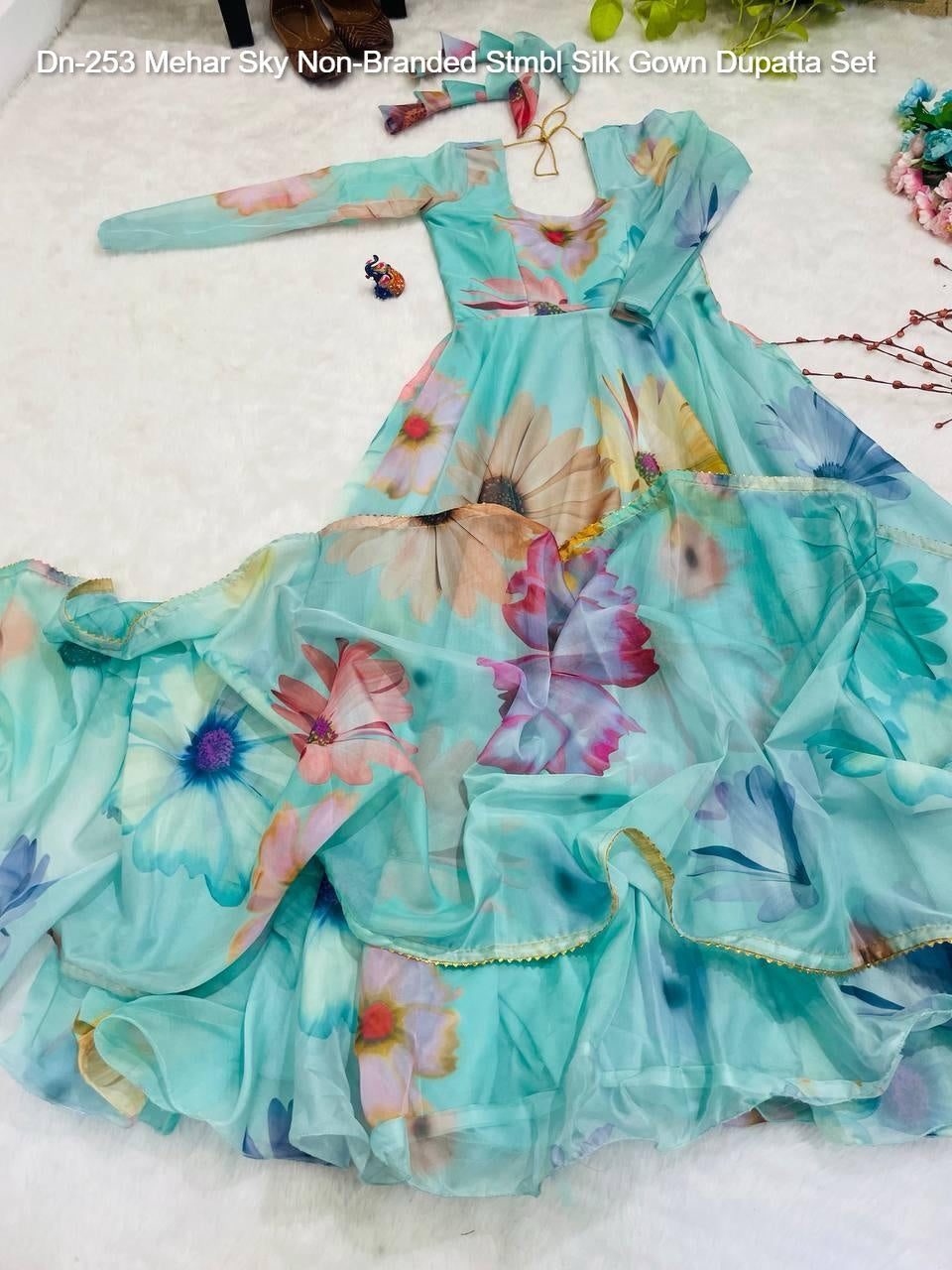 Dn-253 Mehar Sky Non-Branded Stmbl Silk Gown Dupatta Set