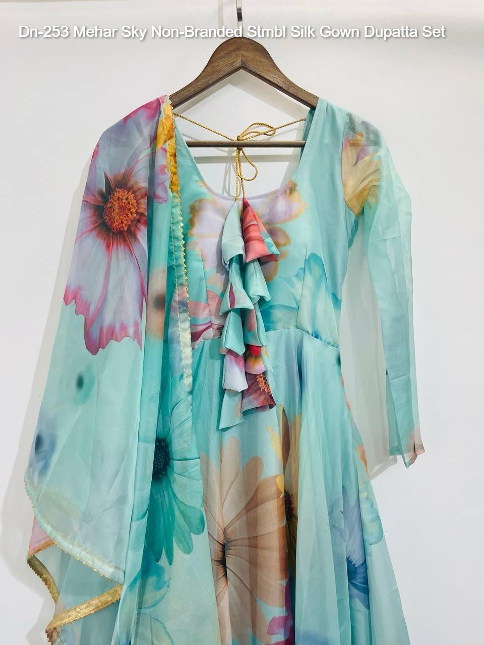 Dn-253 Mehar Sky Non-Branded Stmbl Silk Gown Dupatta Set