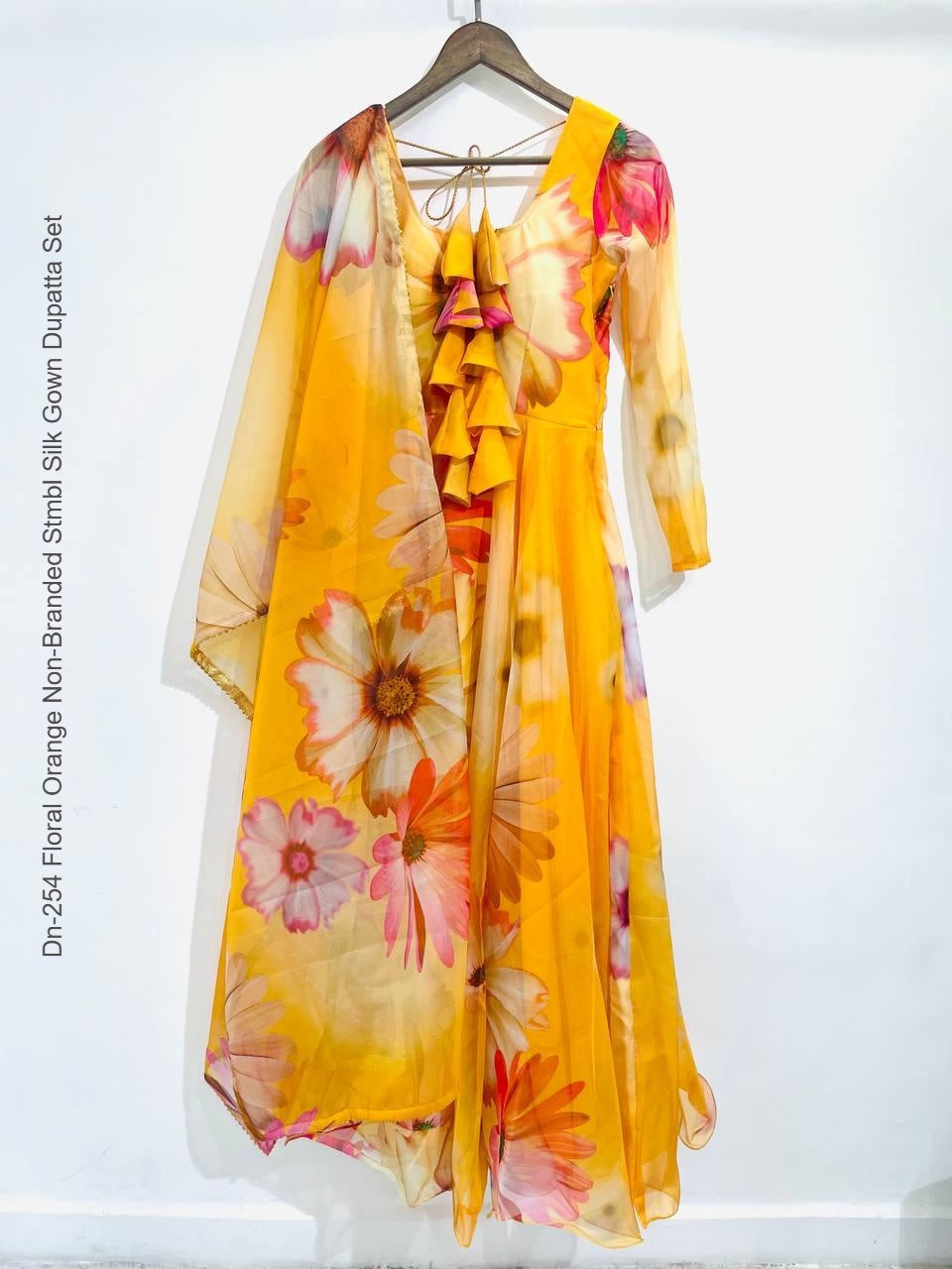 Dn-254 Floral Orange Non-Branded Stmbl Silk Gown Dupatta Set