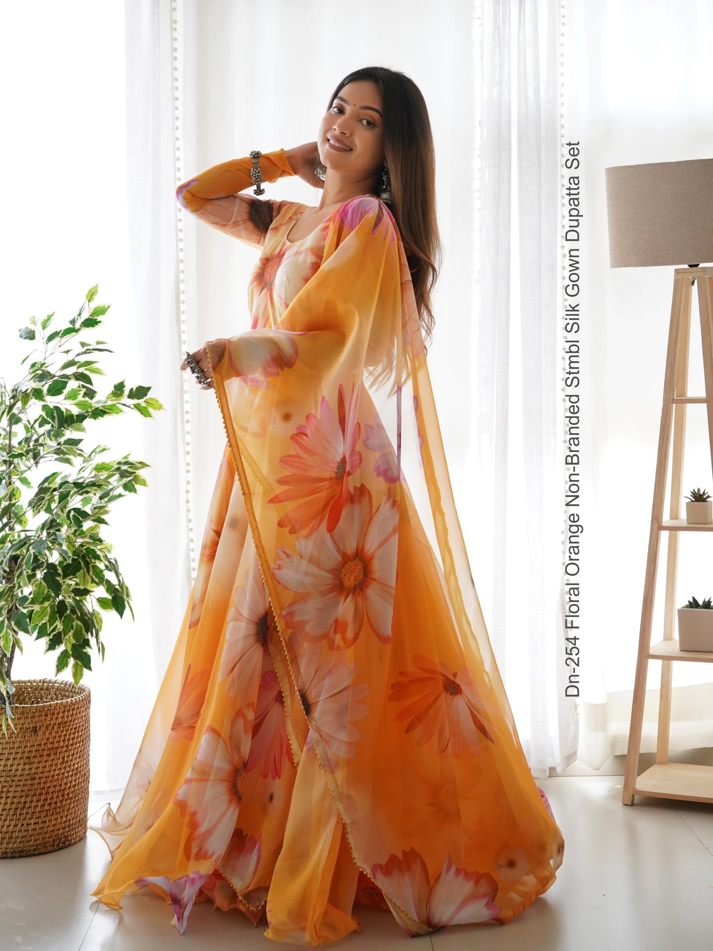 Dn-254 Floral Orange Non-Branded Stmbl Silk Gown Dupatta Set
