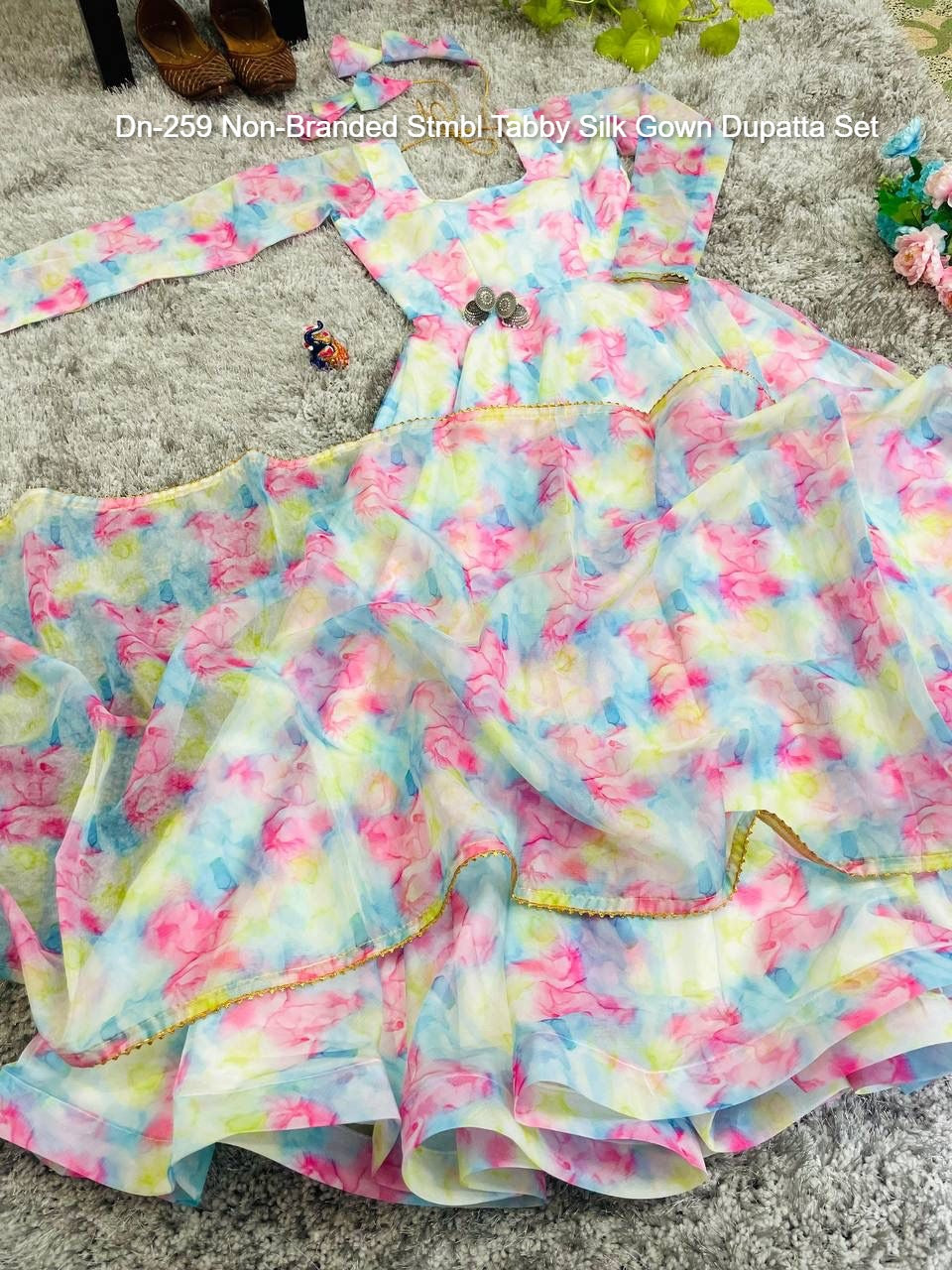 Dn-259 Non-Branded Stmbl Tabby Silk Gown Dupatta Set
