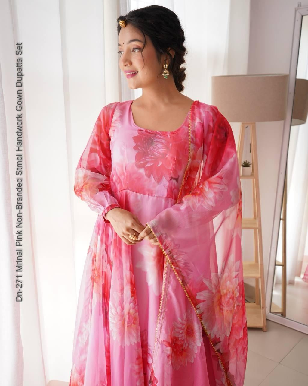 Dn-271 Mrinal Pink Non-Branded Stmbl Handwork Gown Dupatta Set