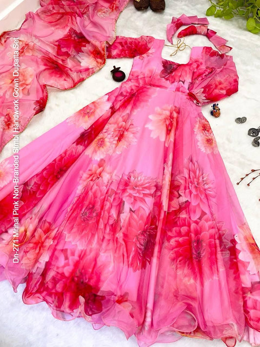 Dn-271 Mrinal Pink Non-Branded Stmbl Handwork Gown Dupatta Set