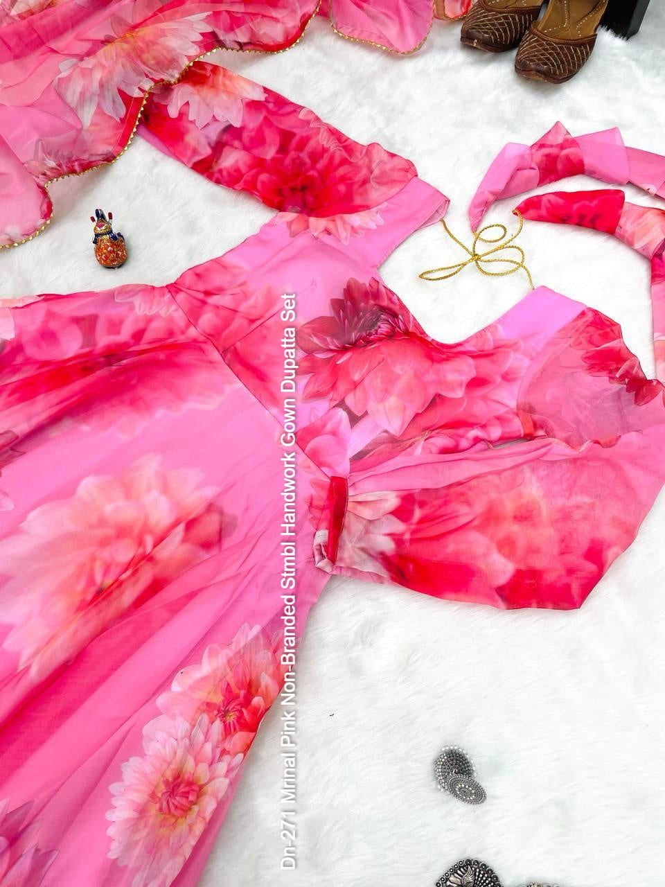 Dn-271 Mrinal Pink Non-Branded Stmbl Handwork Gown Dupatta Set
