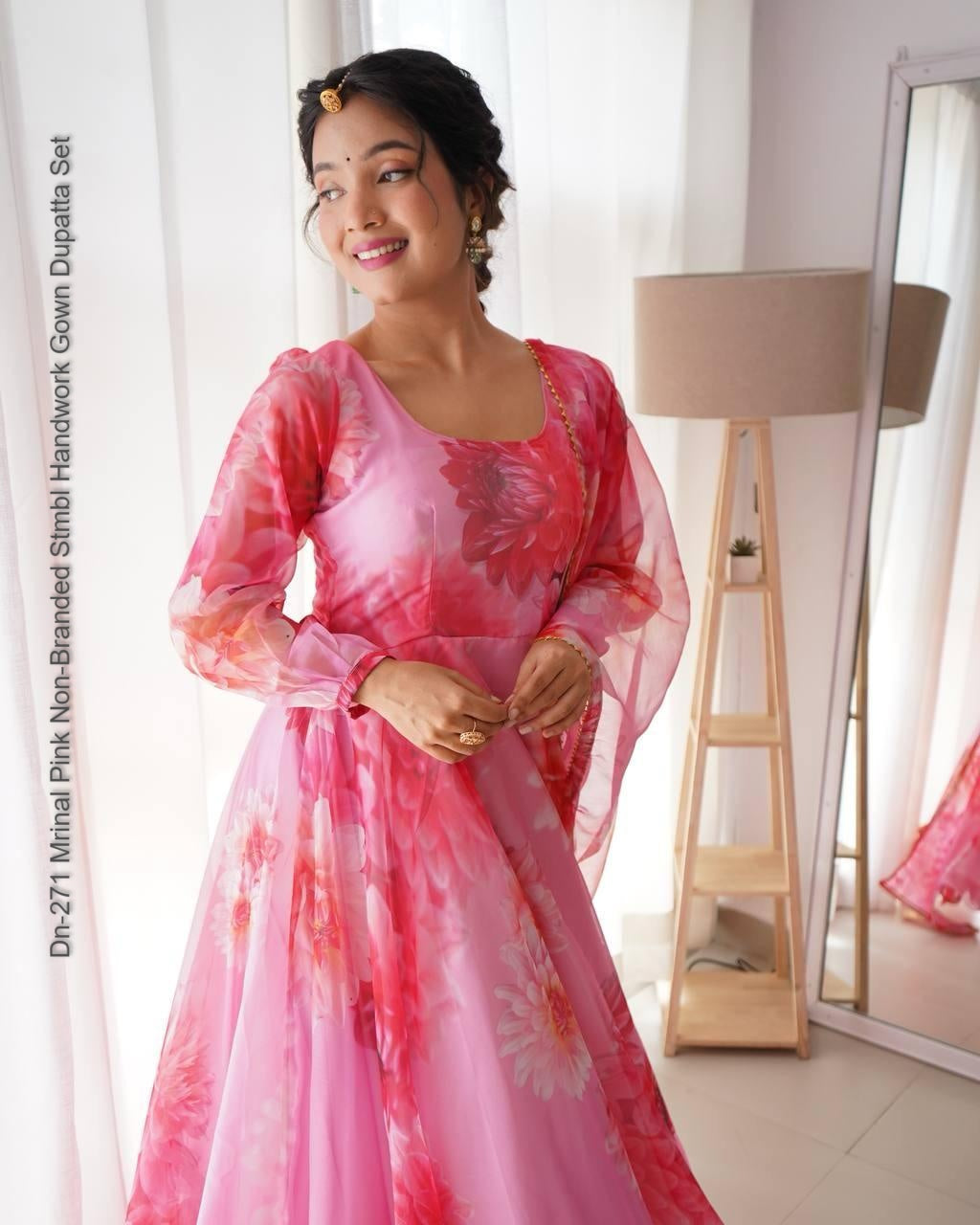 Dn-271 Mrinal Pink Non-Branded Stmbl Handwork Gown Dupatta Set