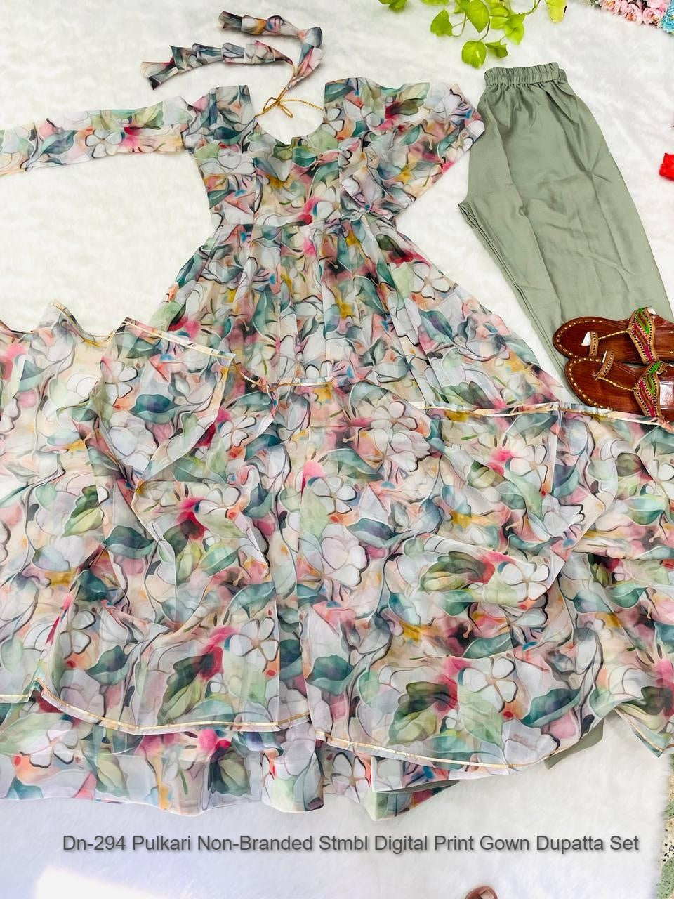 Dn-294 Pulkari Non-Branded Stmbl Digital Print Gown Dupatta Set