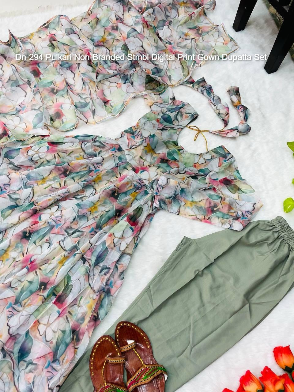 Dn-294 Pulkari Non-Branded Stmbl Digital Print Gown Dupatta Set