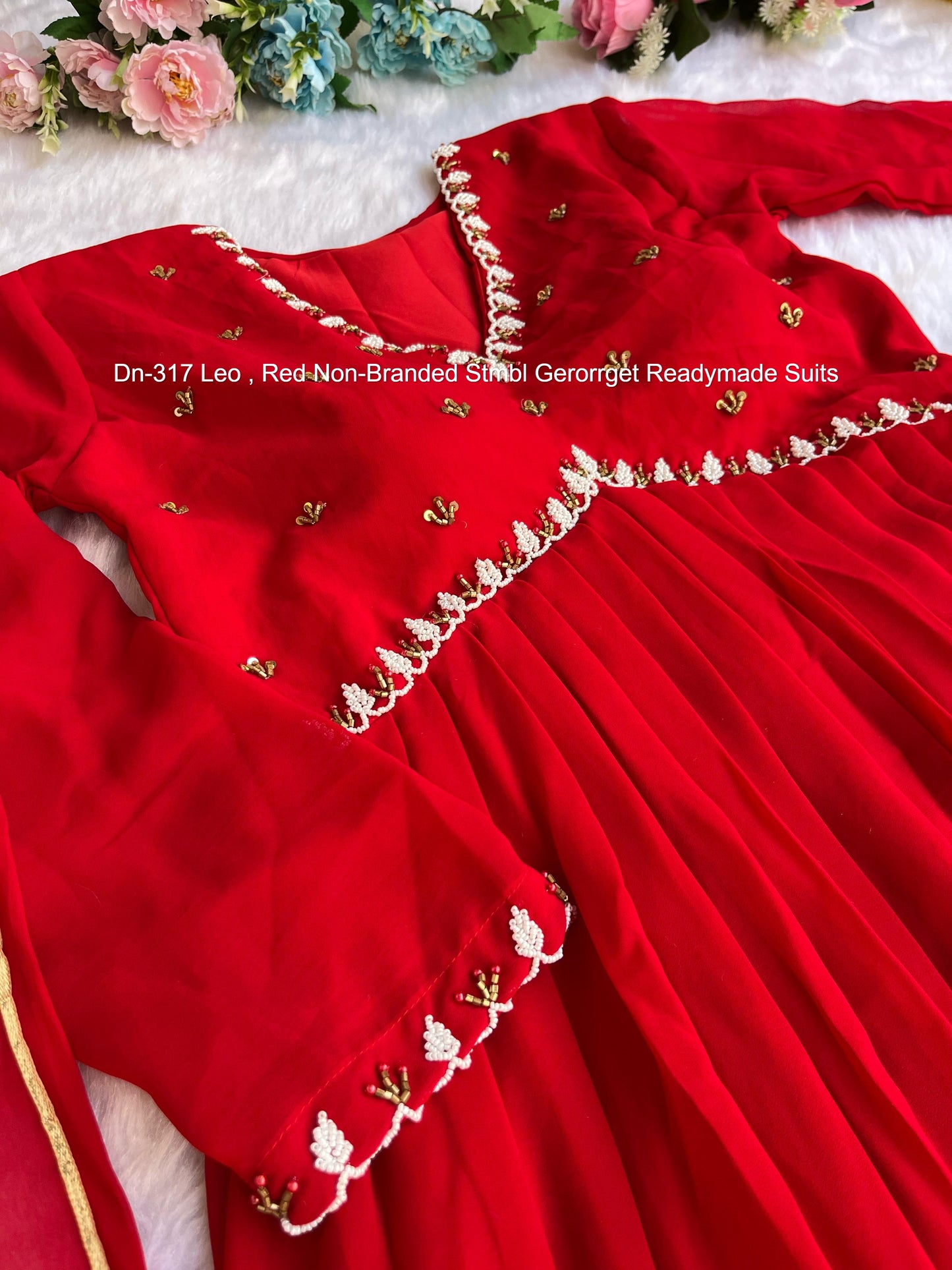 Dn-317 Leo , Red Non-Branded Stmbl Gerorrget Gown Dupatta Set