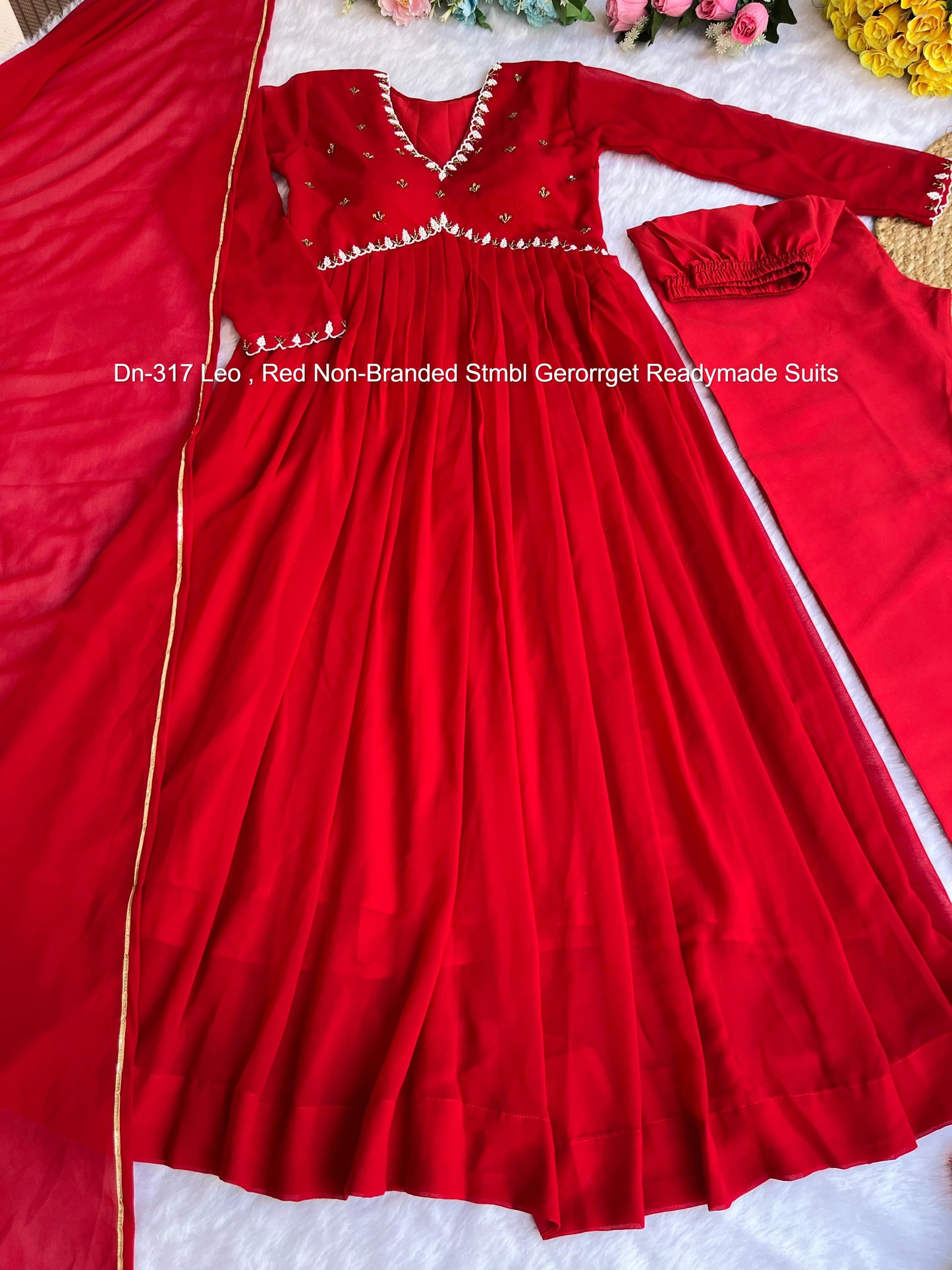 Dn-317 Leo , Red Non-Branded Stmbl Gerorrget Gown Dupatta Set
