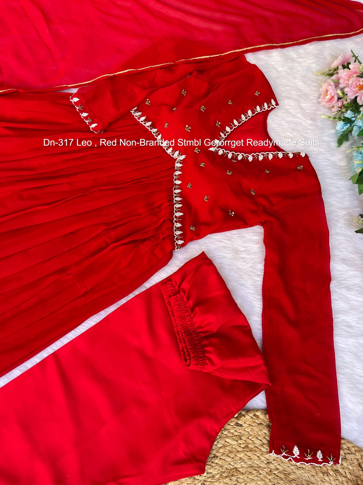 Dn-317 Leo , Red Non-Branded Stmbl Gerorrget Gown Dupatta Set