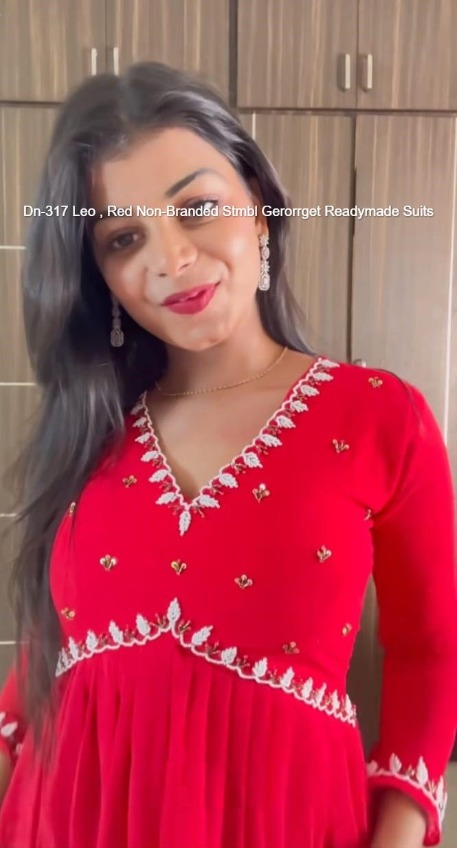 Dn-317 Leo , Red Non-Branded Stmbl Gerorrget Gown Dupatta Set