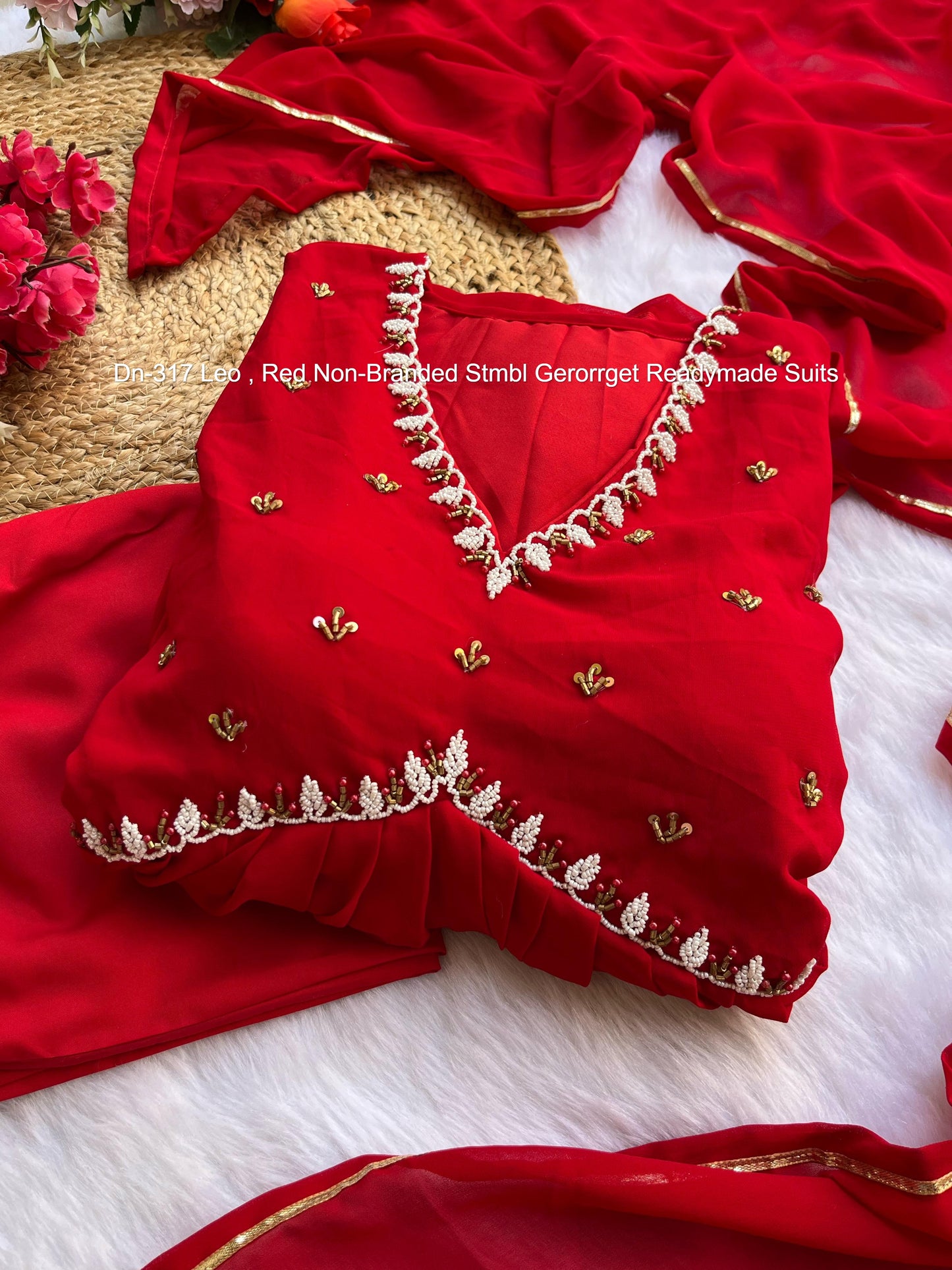 Dn-317 Leo , Red Non-Branded Stmbl Gerorrget Gown Dupatta Set