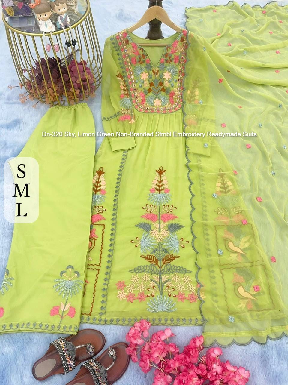 Dn-320 Sky, Limon Green Non-Branded Stmbl Embroidery Readymade Suits