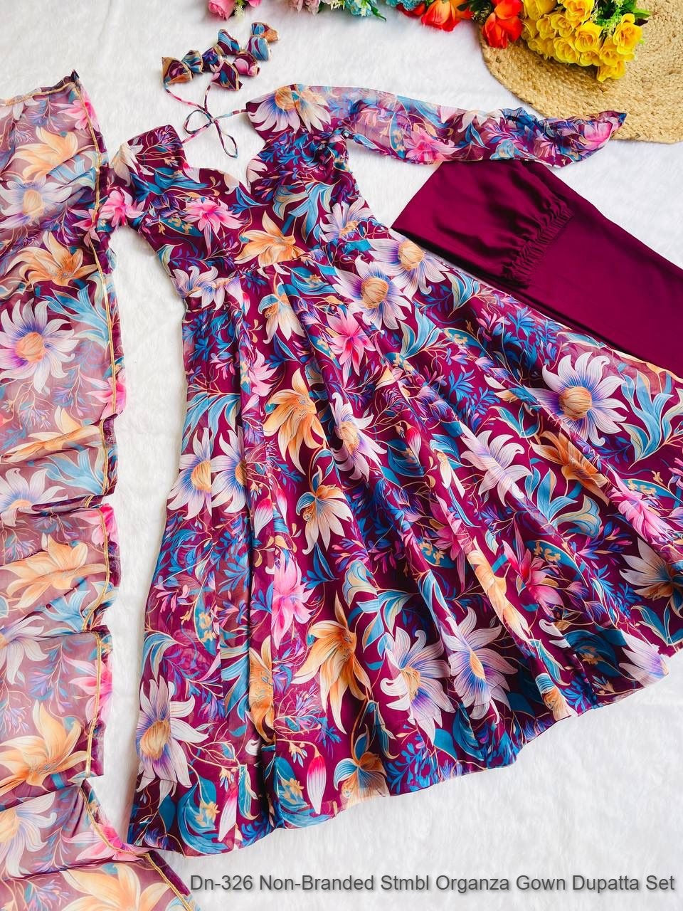 Dn-326 Non-Branded Stmbl Organza Gown Dupatta Set