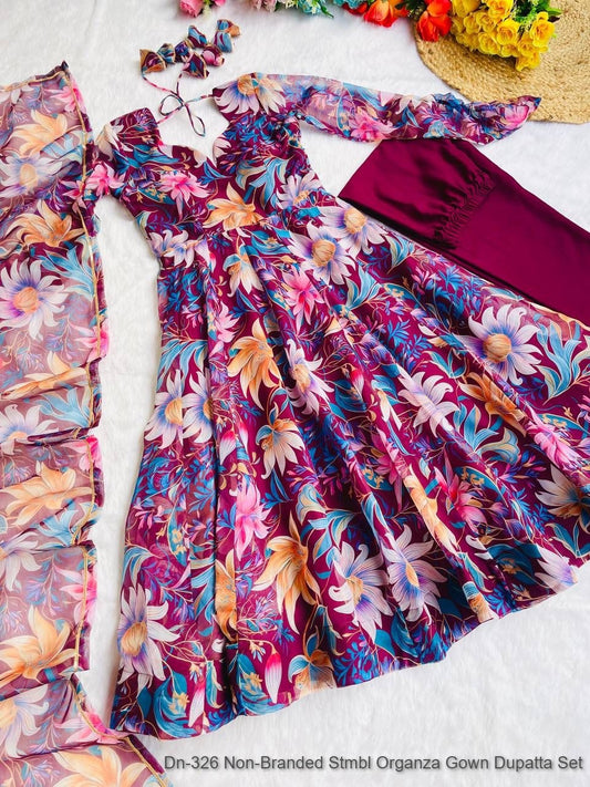 Dn-326 Non-Branded Stmbl Organza Gown Dupatta Set