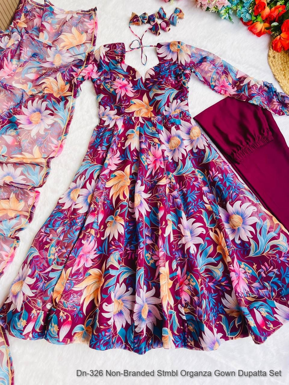 Dn-326 Non-Branded Stmbl Organza Gown Dupatta Set