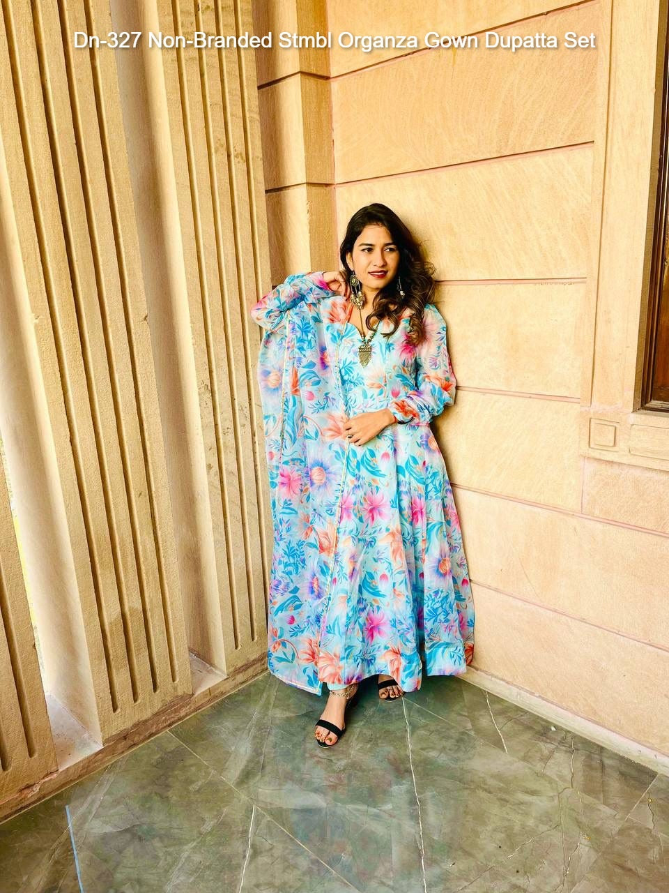 Dn-327 Non-Branded Stmbl Organza Gown Dupatta Set