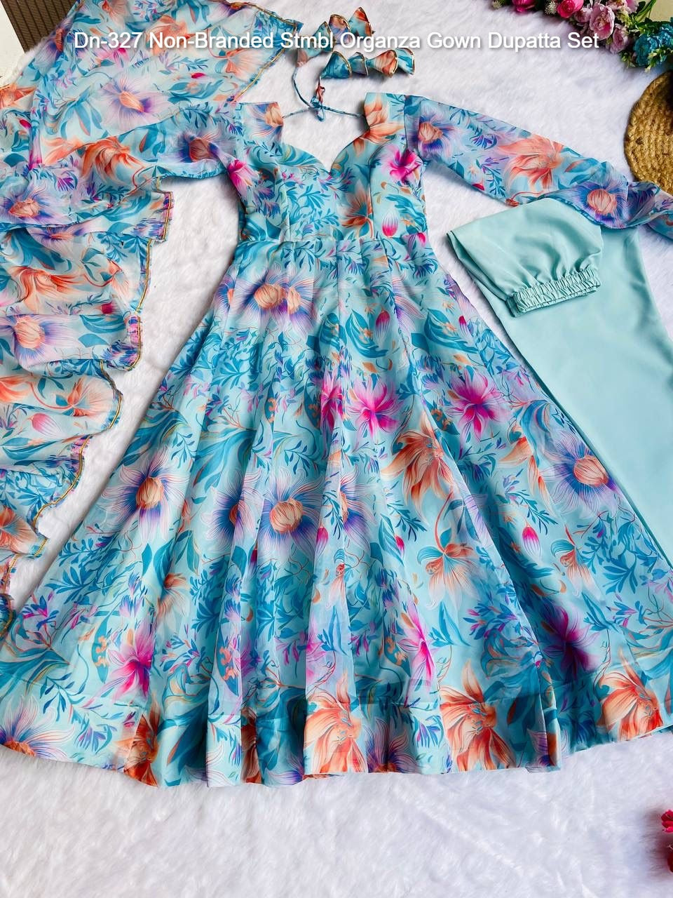 Dn-327 Non-Branded Stmbl Organza Gown Dupatta Set