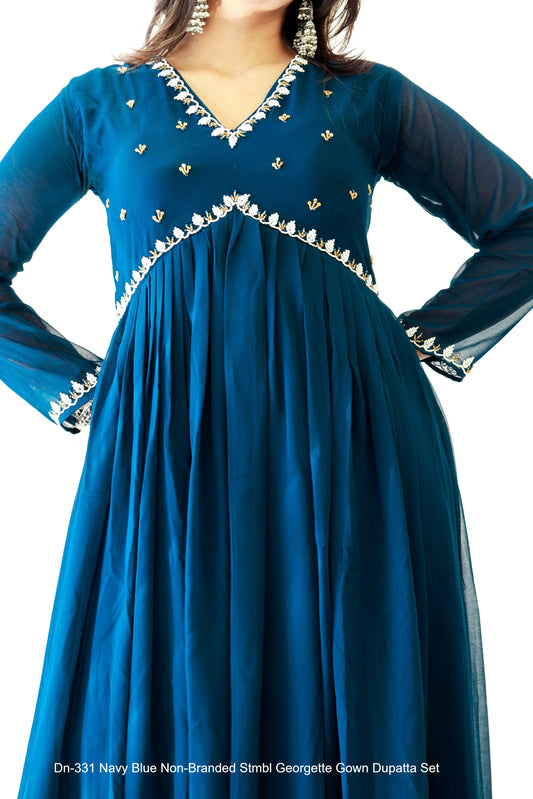 Dn-331 Navy Blue Non-Branded Stmbl Georgette Gown Dupatta Set
