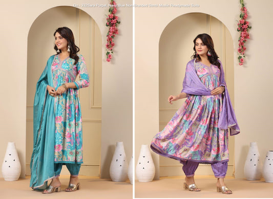 Dn - 332Sara Purpal, Navy Blue Non-Branded Stmbl Muslin Readymade Suits