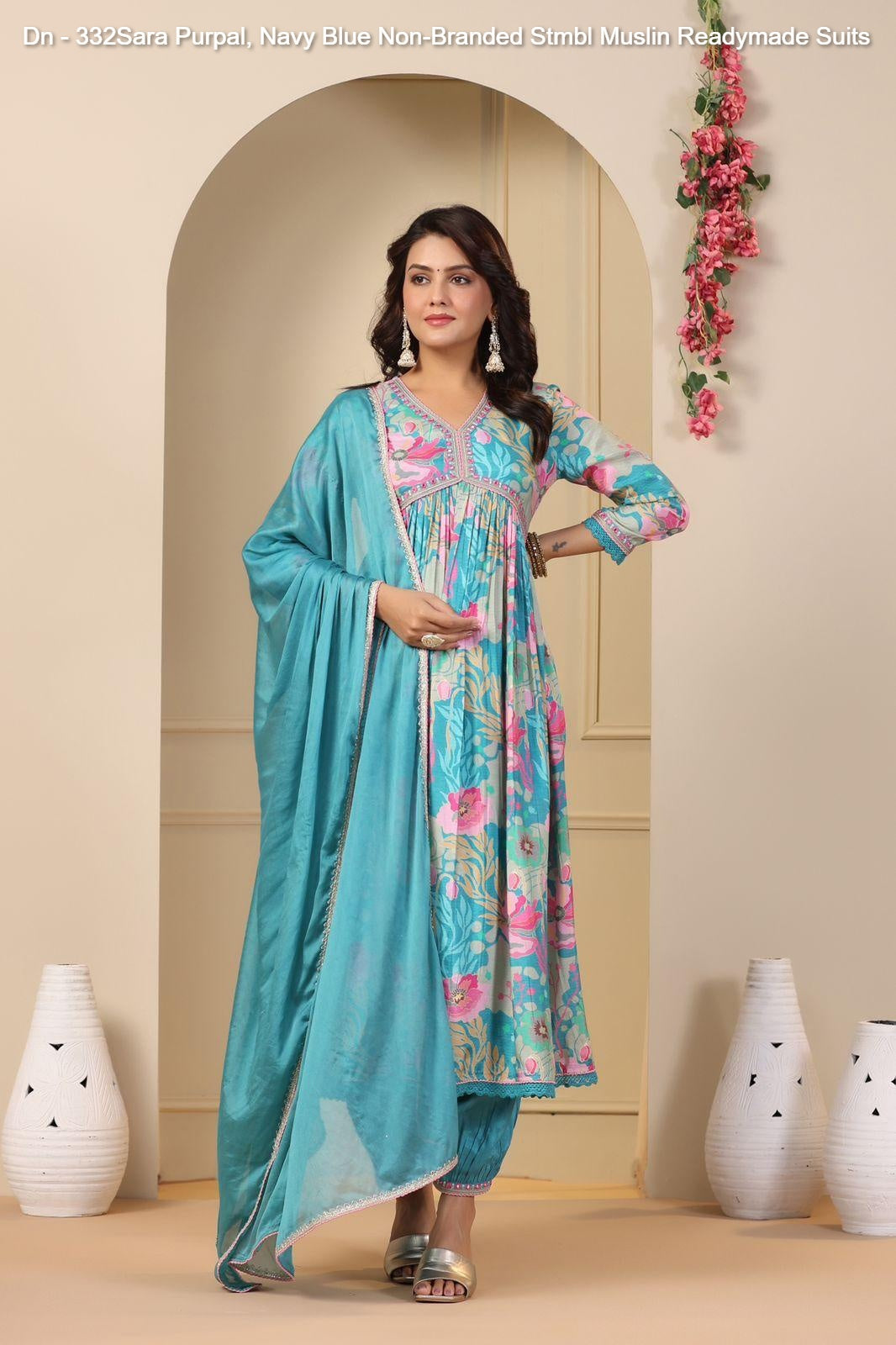 Dn - 332Sara Purpal, Navy Blue Non-Branded Stmbl Muslin Readymade Suits