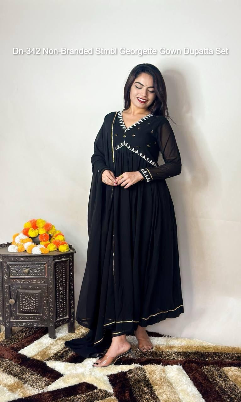 Dn-342 Non-Branded Stmbl Georgette Gown Dupatta Set