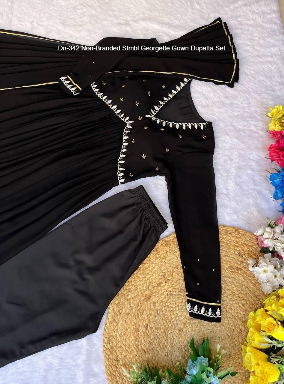 Dn-342 Non-Branded Stmbl Georgette Gown Dupatta Set