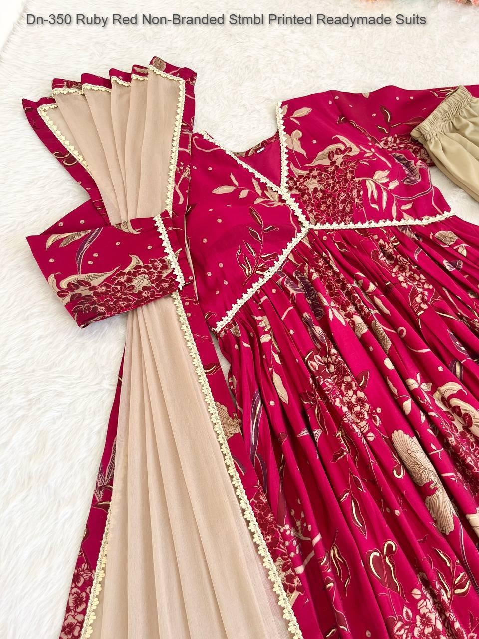 Dn-350 Ruby Red Non-Branded Stmbl Printed Readymade Suits