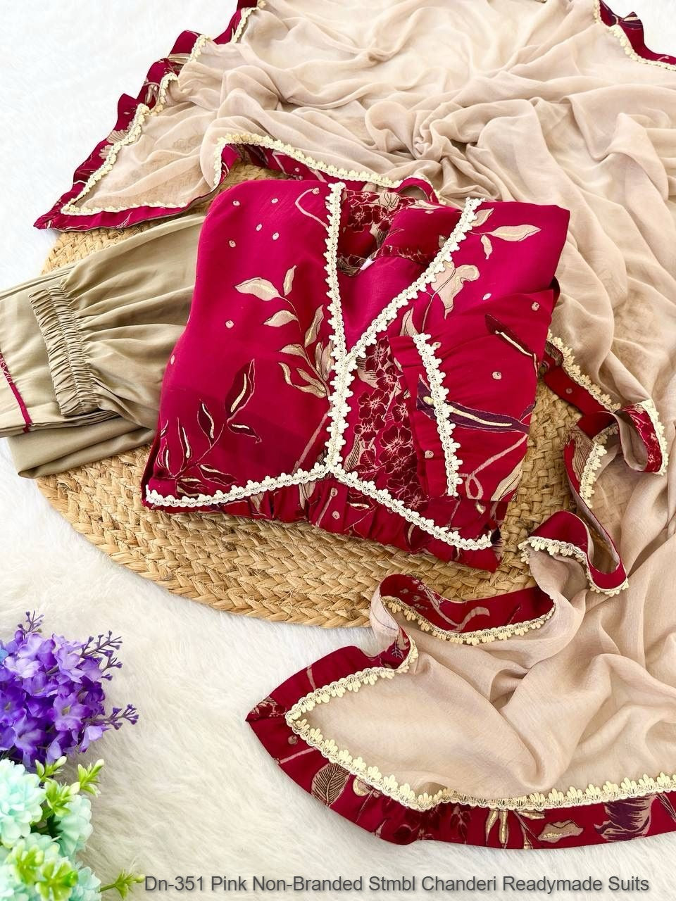 Dn-351 Pink Non-Branded Stmbl Chanderi Readymade Suits