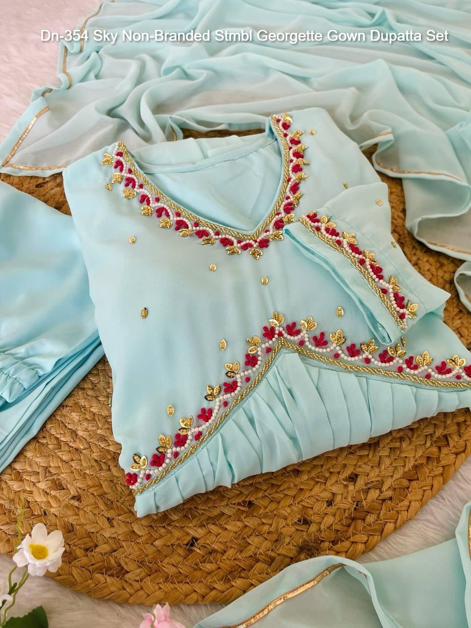 Dn-354 Sky Non-Branded Stmbl Georgette Gown Dupatta Set