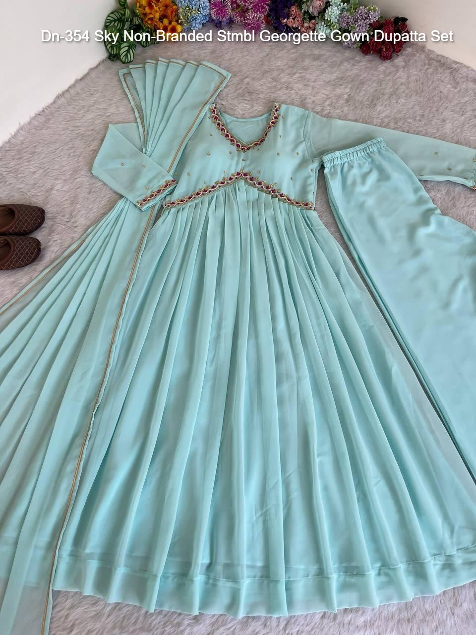 Dn-354 Sky Non-Branded Stmbl Georgette Gown Dupatta Set