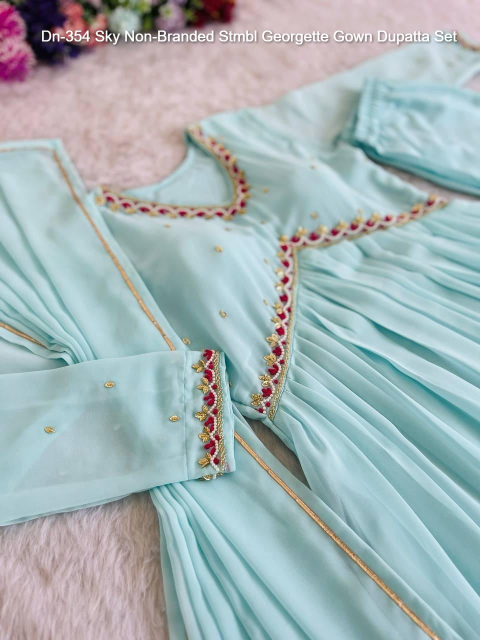 Dn-354 Sky Non-Branded Stmbl Georgette Gown Dupatta Set